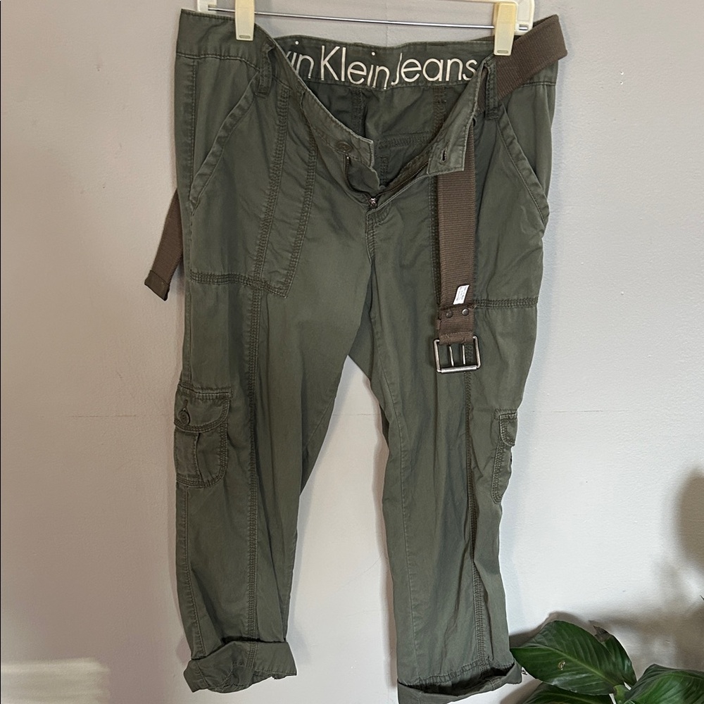 Calvin Klein Dark Green Cargo Pants with Brown Belt
